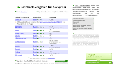 Cashback-Vergleich für Aliexpress - bis zu € 34  16,15% - 0,765% Cashback erhalten!