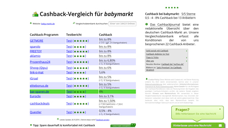 Cashback-Vergleich für babymarkt - bis zu 6,8% - 0,85% Cashback erhalten!