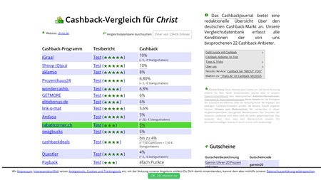 Cashback-Vergleich für Christ - bis zu 15% Cashback erhalten!