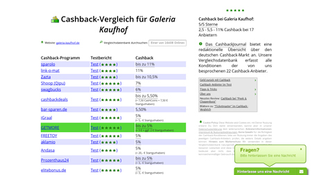 Cashback-Vergleich für Galeria Kaufhof - bis zu 0€ Cashback erhalten!