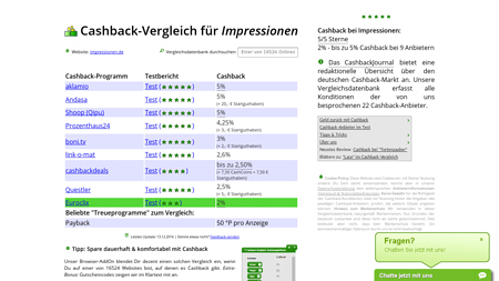 Cashback-Vergleich für Impressionen - bis zu 2,55% Cashback erhalten!