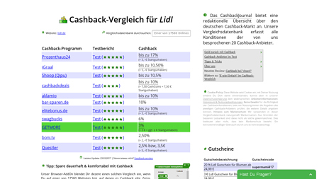 Cashback-Vergleich für Lidl - bis zu 7,00  or 2,5% - 7,00  or 1,25% Cashback erhalten!