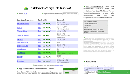 Cashback-Vergleich für Lidl - bis zu 7,00  or 10% - 7,00  or 2,5% Cashback erhalten!