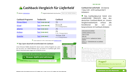 Cashback-Vergleich für Lieferheld - bis zu 0,70€ Cashback erhalten!