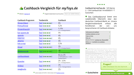 Cashback-Vergleich für myToys.de - bis zu 5,10% Cashback erhalten!